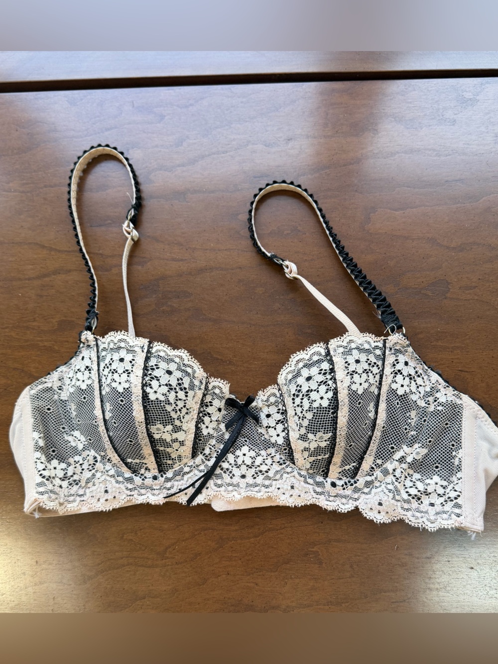Elle Macpherson Sheer Lace Balconette Bra in Cream/baby pink and Black